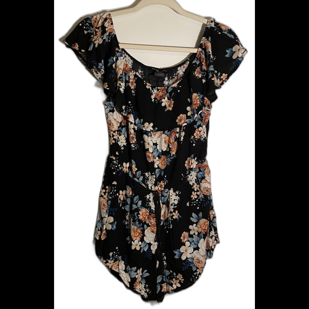 See You Monday Black Floral Off Shoulder Romper, Size Medium